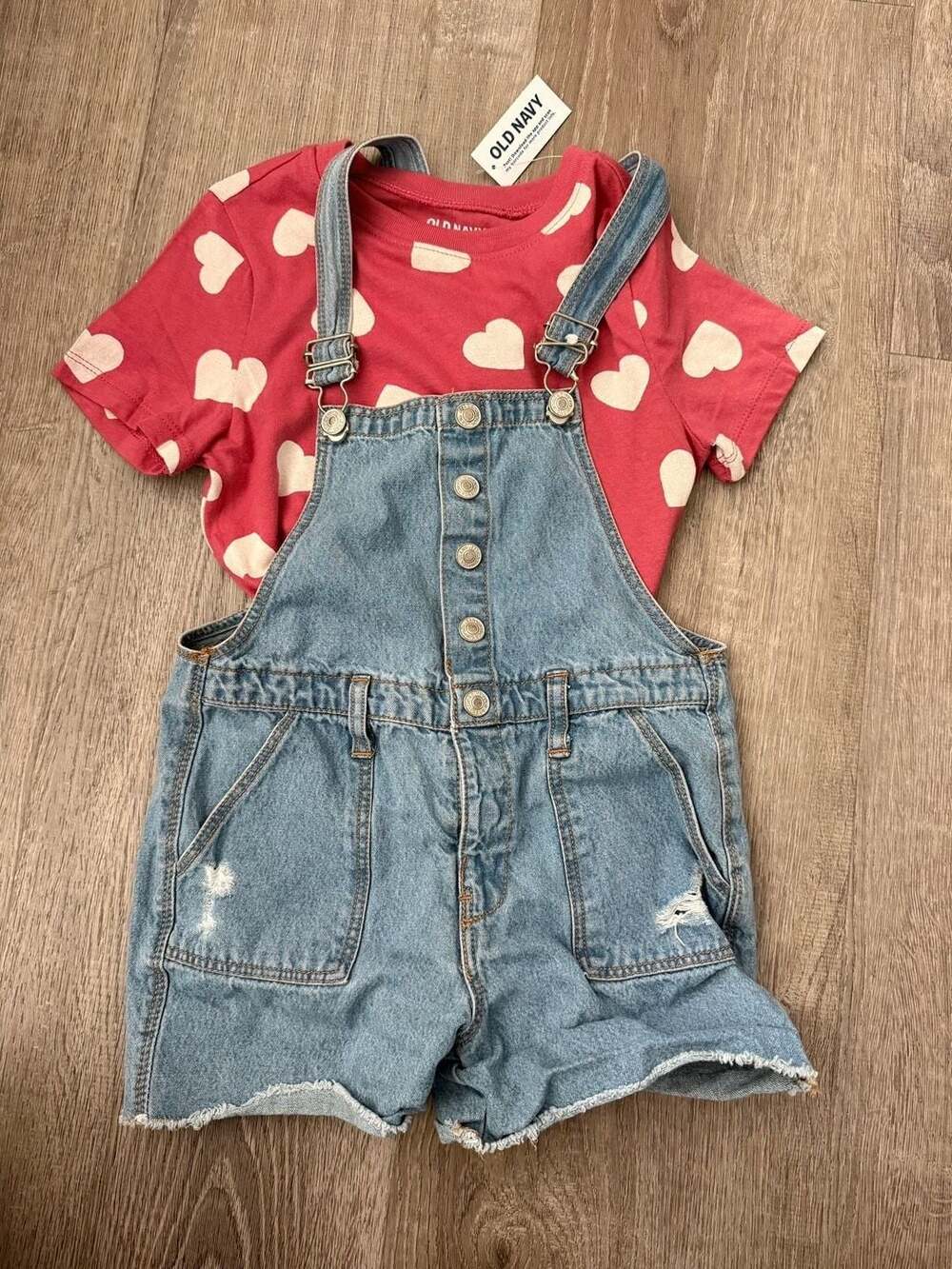 Jessica Simpson Girls Denim Shortalls & Old Navy Heart T-Shirt Set 5T